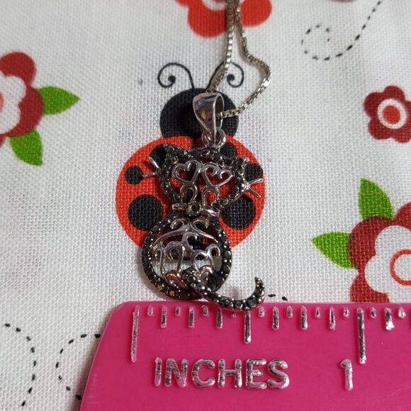 Black Diamond Accented Silver Filigree Cat Pendant Necklace - Picture 9 of 9